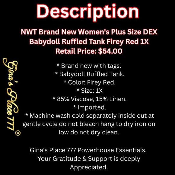NWT Brand New Women's Plus Size DEX Babydoll Ruffled Tank Firey Red 1X - Picture 4 of 7